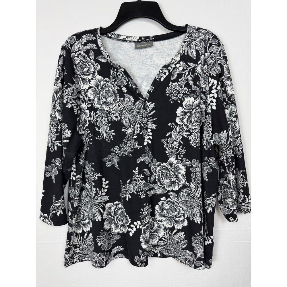 Style & Co Floral Henley Top Womens 2X Black White 3/4 Sleeve Knit Blouse